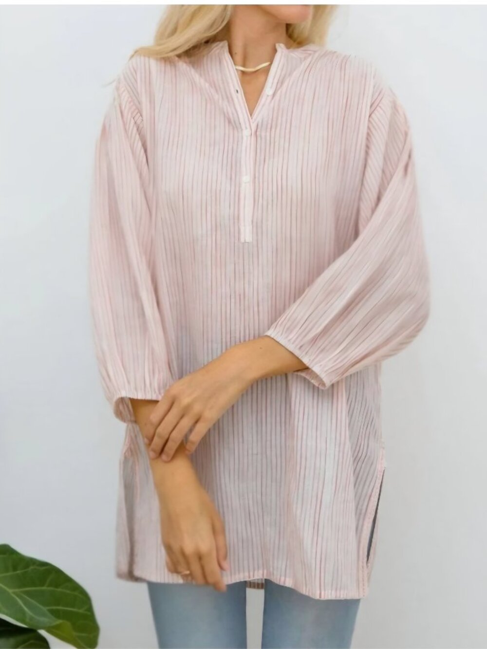 Erica Wilson Cabana Light Pink Striped Tunic Blouse with Mandarin Collar